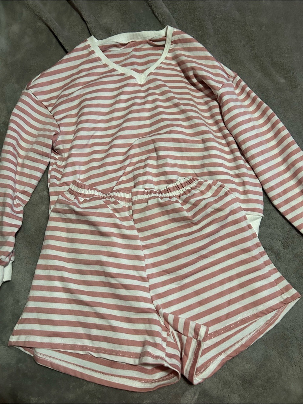Pink & White Striped Long-Sleeve top with shorts set